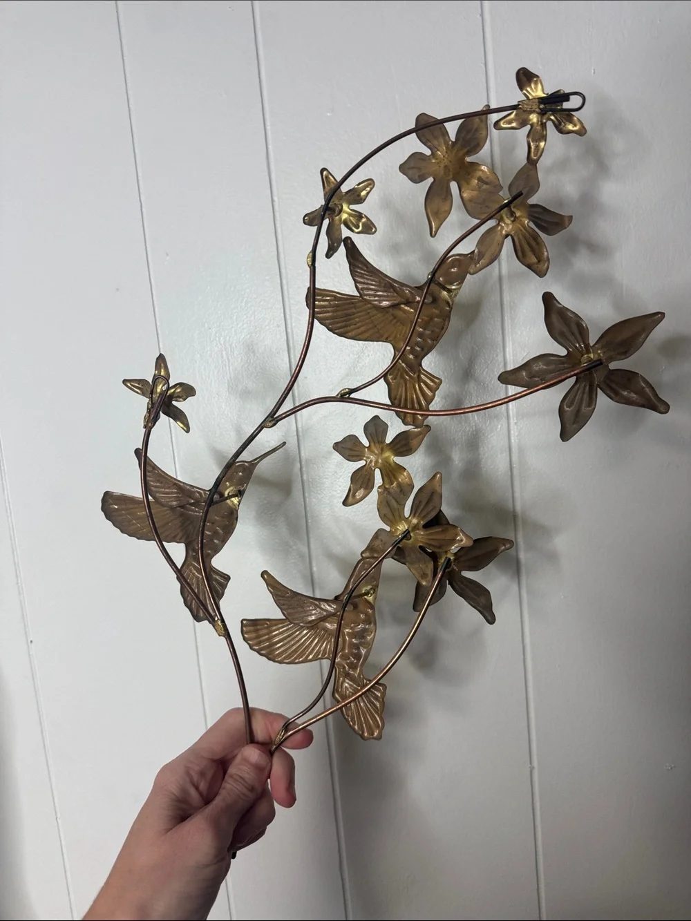 Vintage brass hummingbird flower wall decor